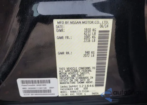 2015 Nissan Altima 2.5/2.5 S/2.5 Sl/2.5 Sv from USA, damaged, VIN 1N4AL3AP4FC121846